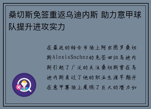 桑切斯免签重返乌迪内斯 助力意甲球队提升进攻实力